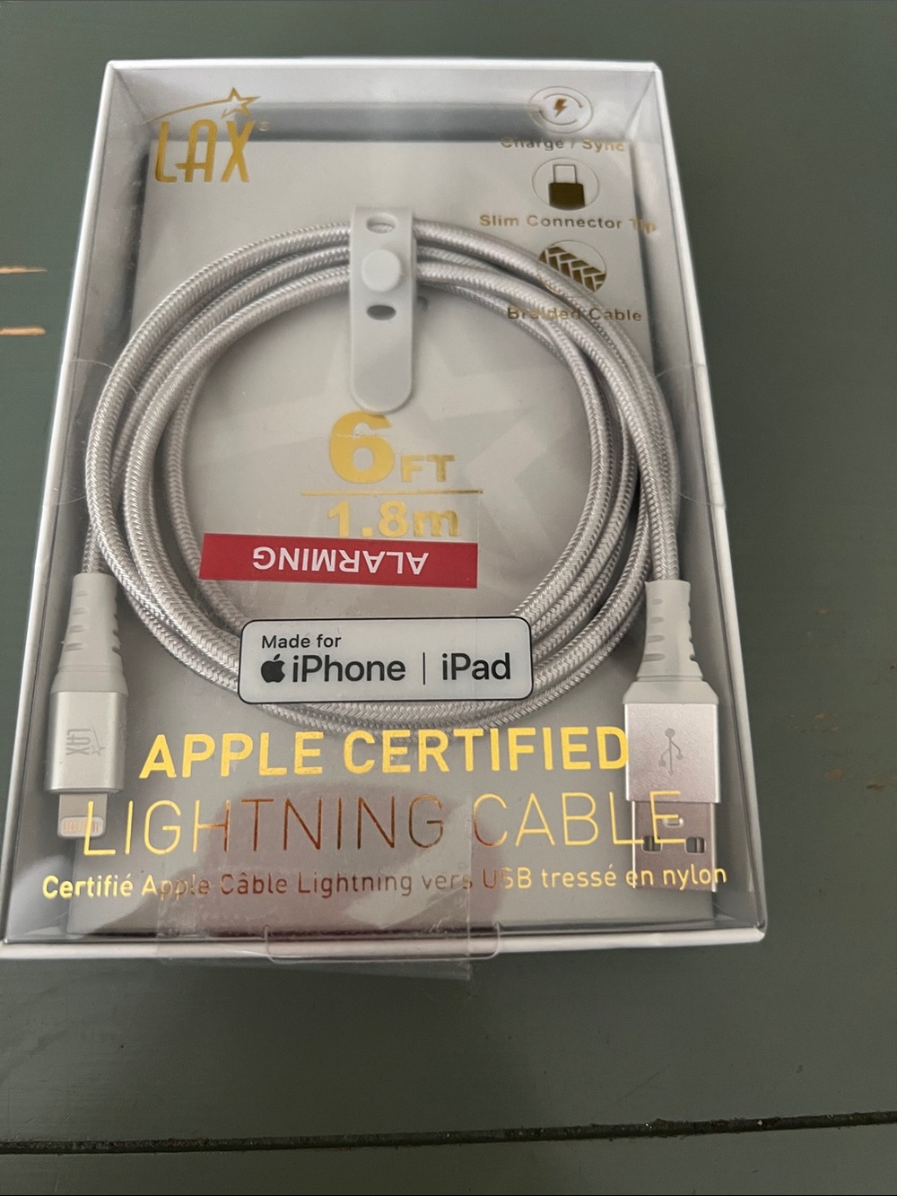 LAX Silver Apple Certified Lightning Cable 6ft for iPhone & iPad